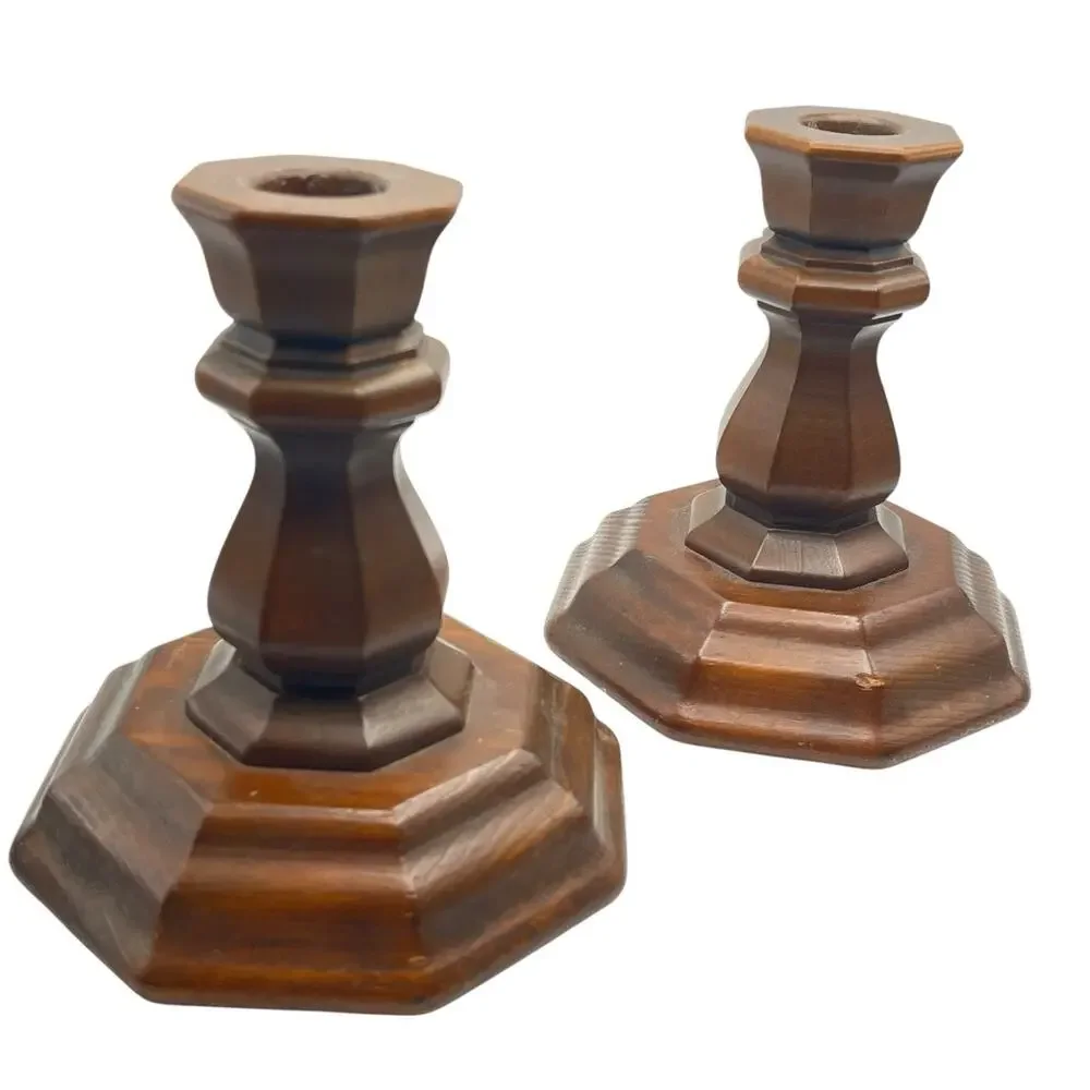 Candle Stick Holders Vintage Set of 2 Wood Octagon Shaped Handmade Retro Rustic